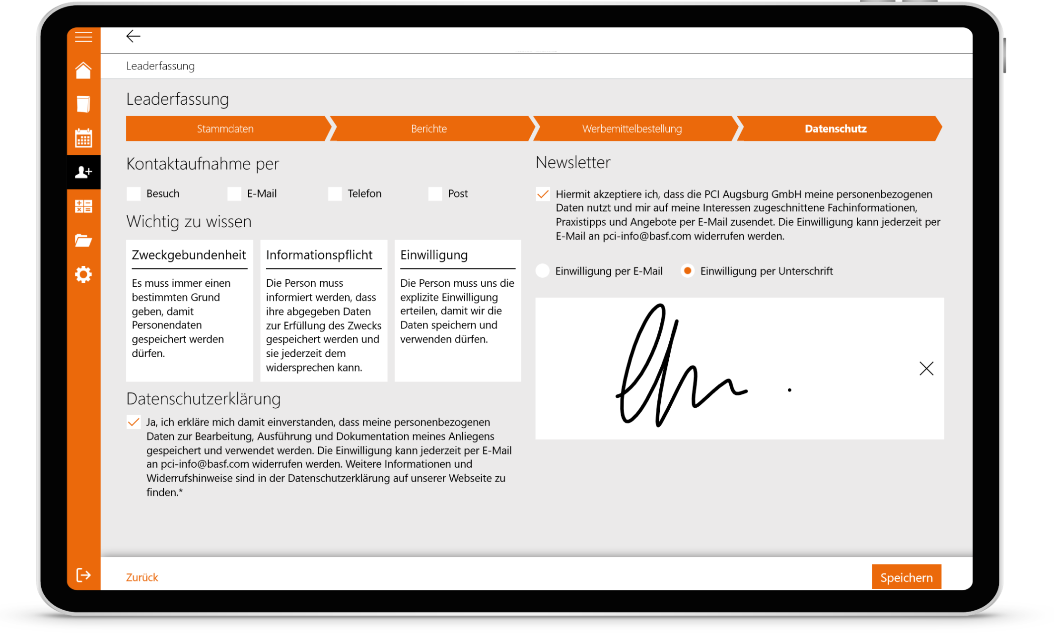 Leaderfassung mit digitaler Unterschrift